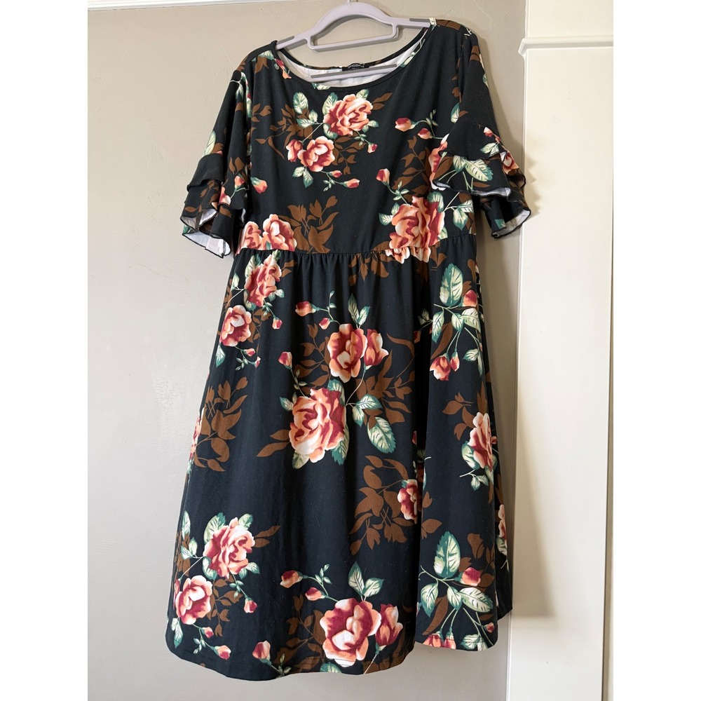 Tralilbee Black Floral Rose Babydoll Dress Ruffle Sleeve Empire Waist XL